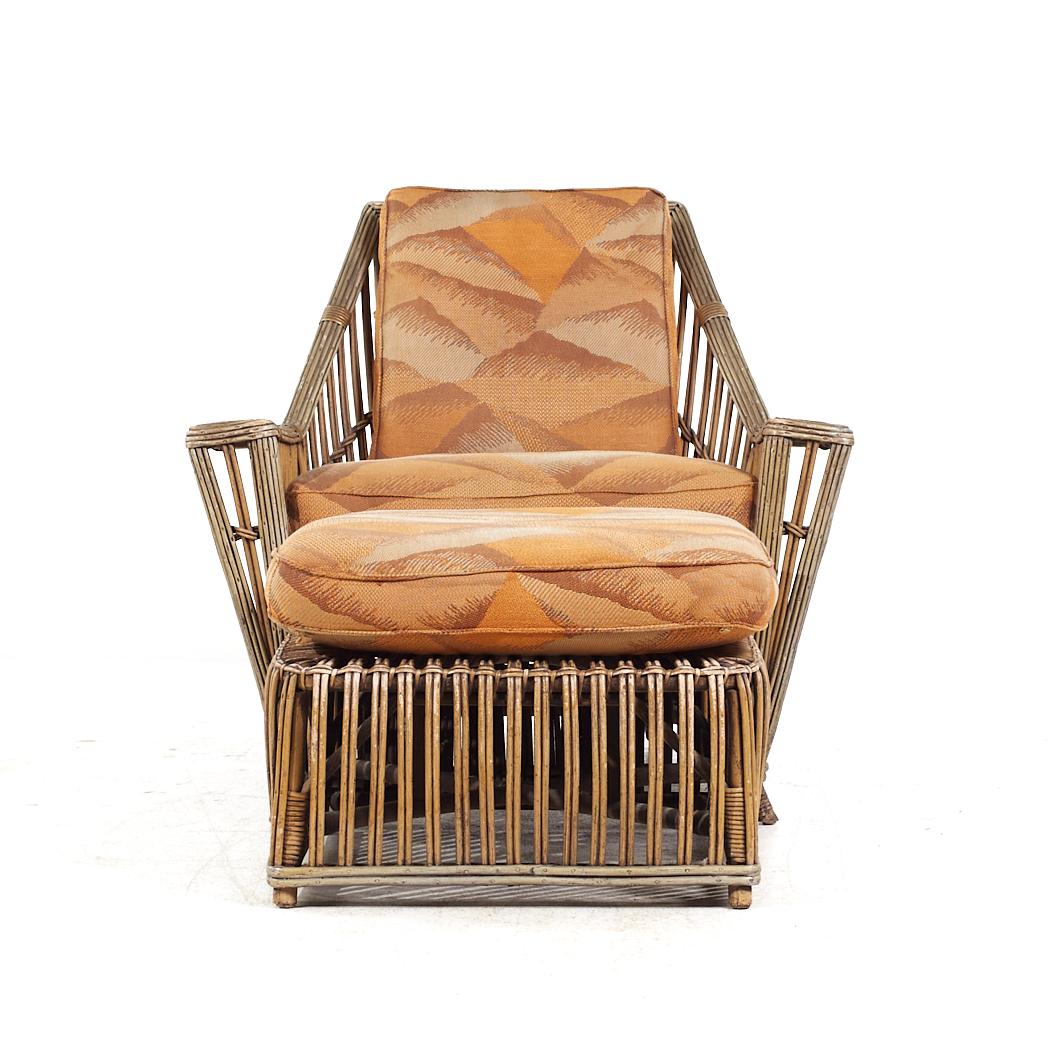 Ficks Reed Style Mid Century Rattan Lounge Chair and Ottoman

The chair measures: 32 wide x 33 deep x 30.5 high, with a seat height of 18 inches and arm height/chair clearance of 19.75 inches
The ottoman measures: 21 wide x 21 deep x 16 inches
