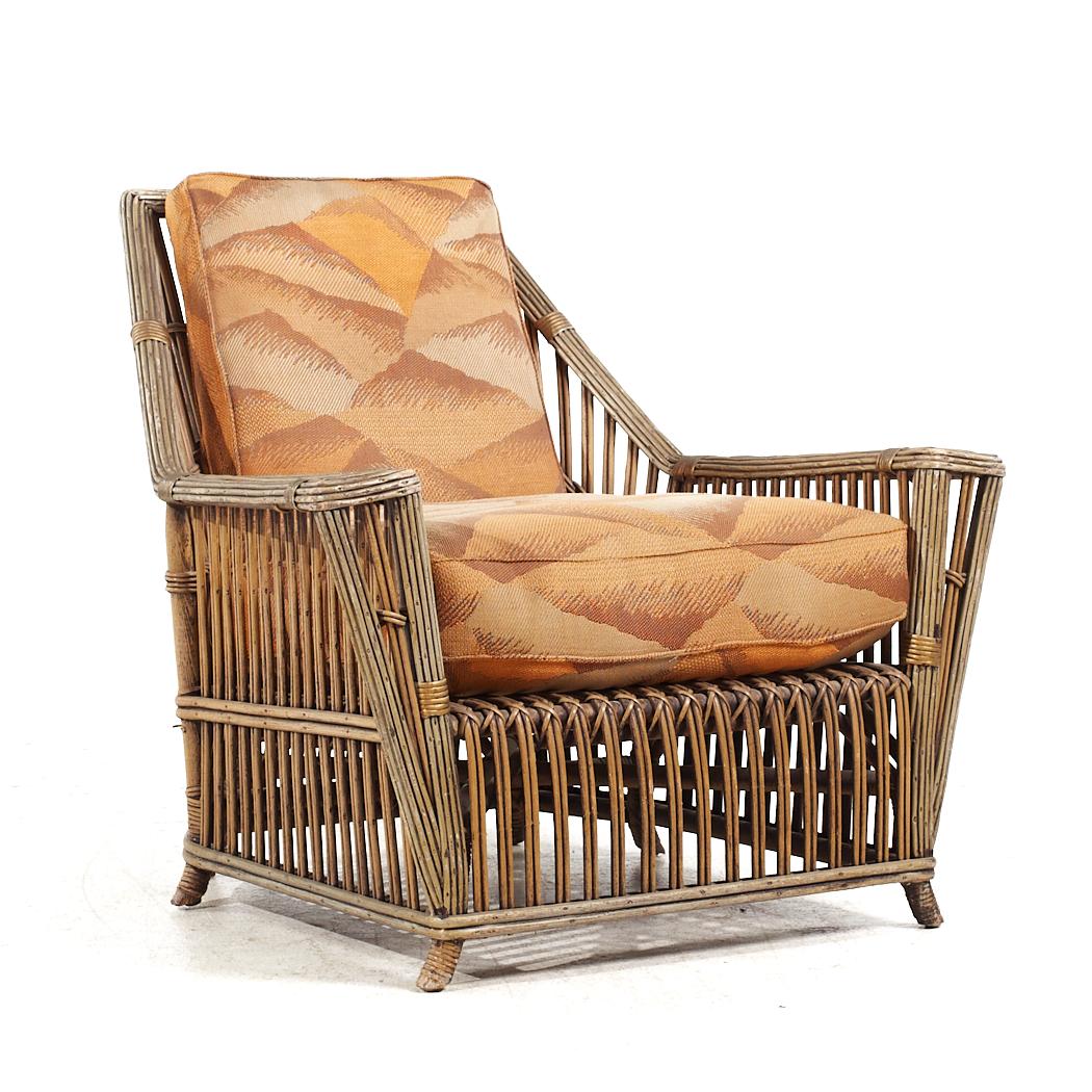 Upholstery Ficks Reed Style Mid Century Rattan Lounge Chair and Ottoman For Sale