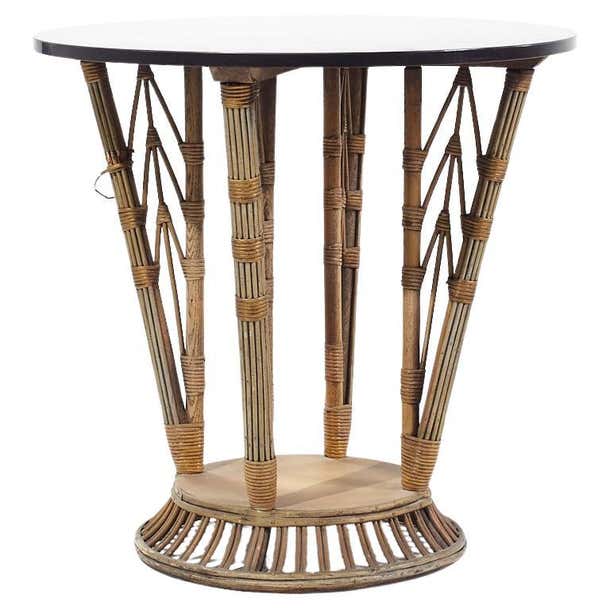 Ficks Reed Style Mid Century Round Rattan Table For Sale at 1stDibs