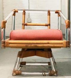 Miami Modern Ficks Reed Swivel Wicker Lucite Cube Swivel Chair Hollywood Regency