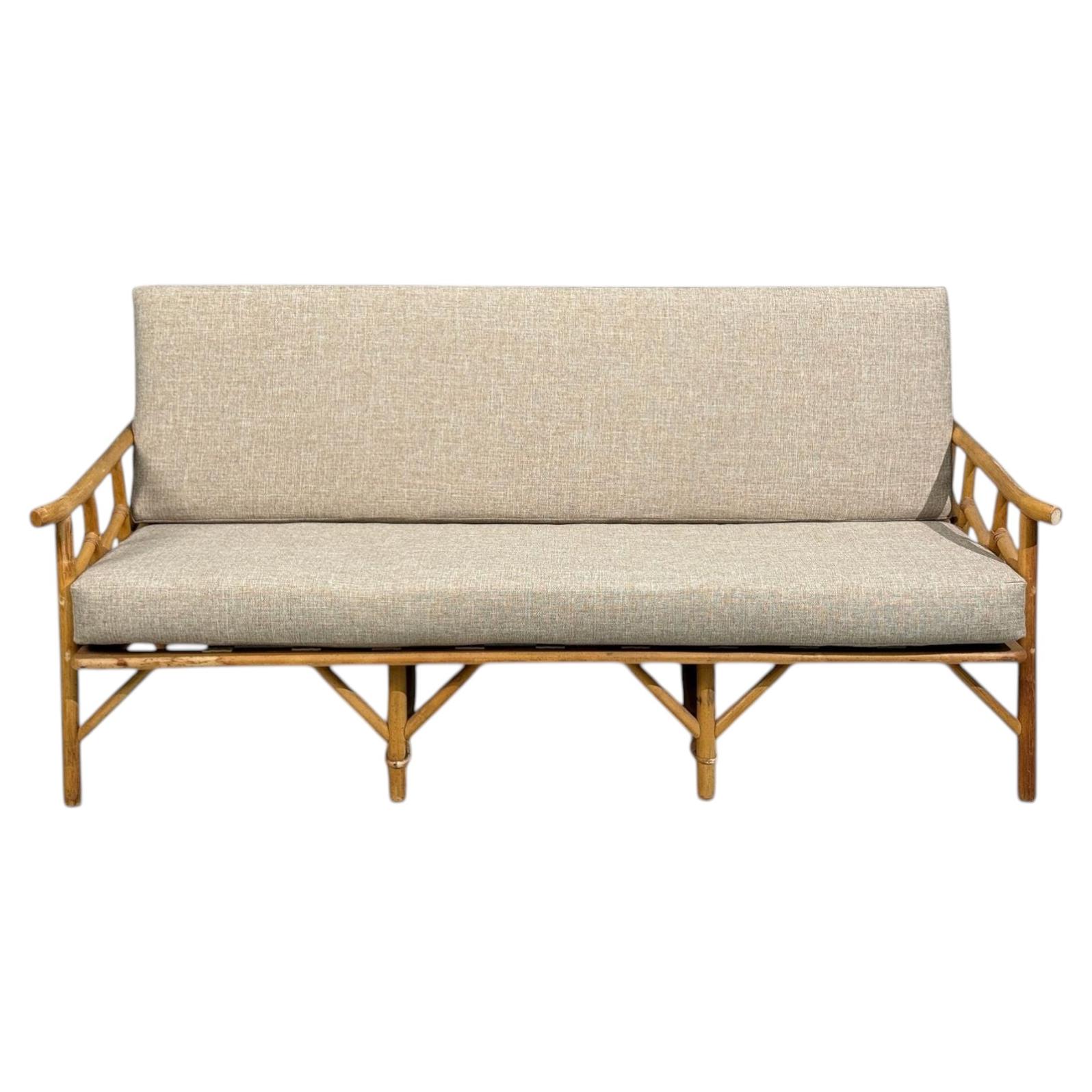 Ficks Reed, Three Seater Sofa, Bamboo, Cane, Beige Tweed, USA, 1950s For Sale