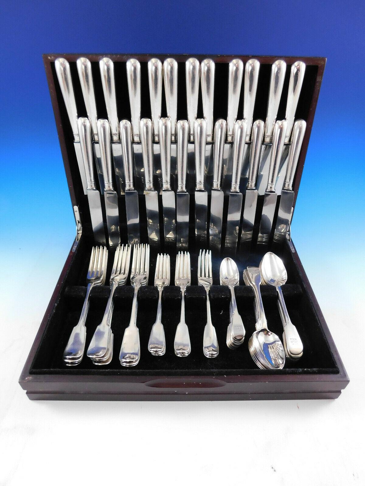 Classic Fiddle design English sterling silver Flatware set, 68 pieces. This set includes:

12 Large dinner size knives, 10 1/2