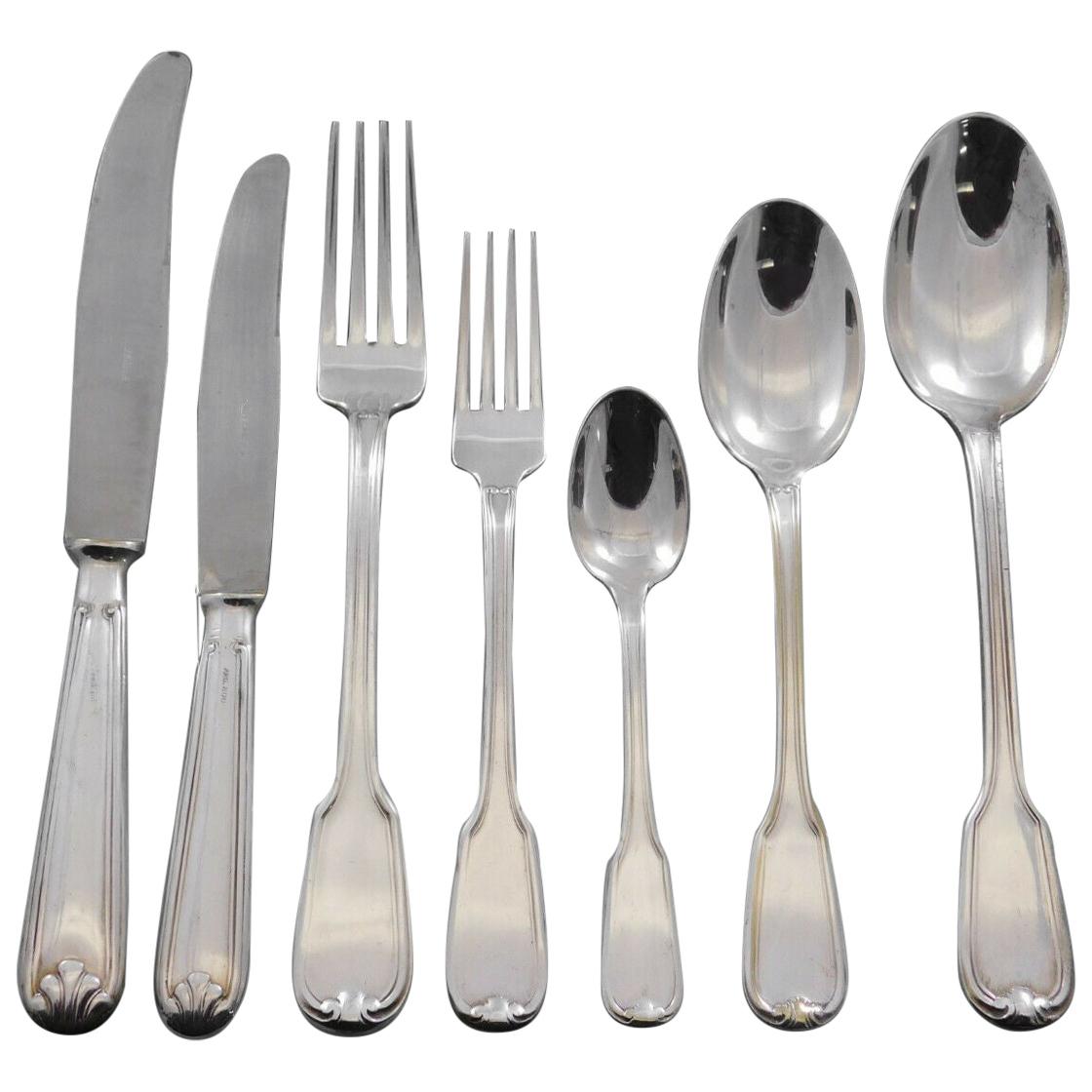 Large and heavy dinner size Fiddle Thread German 800 Silver Flatware set - 58 pieces. This set includes:

8 dinner size knives, 9 3/4
