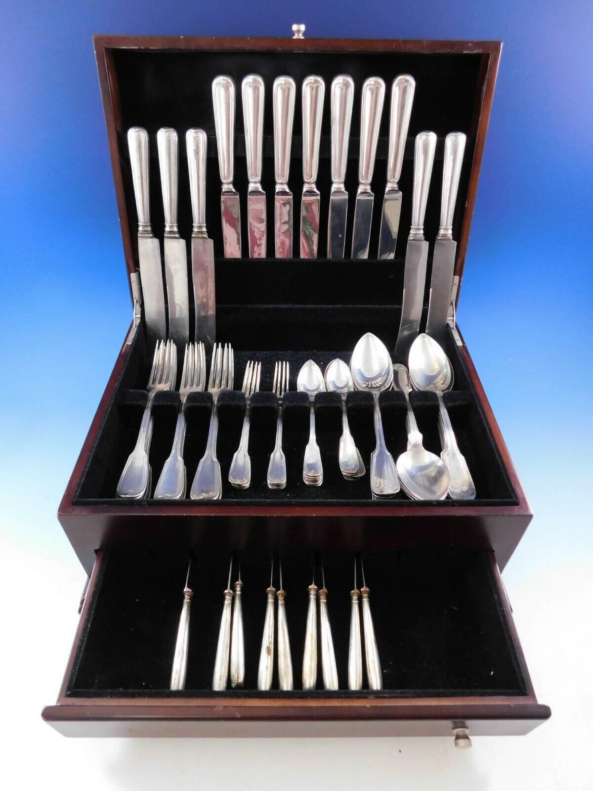 Fiddle thread German 800 silver flatware set - 65 pieces (including 11 pieces in the pattern Fiddle Thread by Frank Smith). This set includes:

12 dinner size knives, 9 5/8