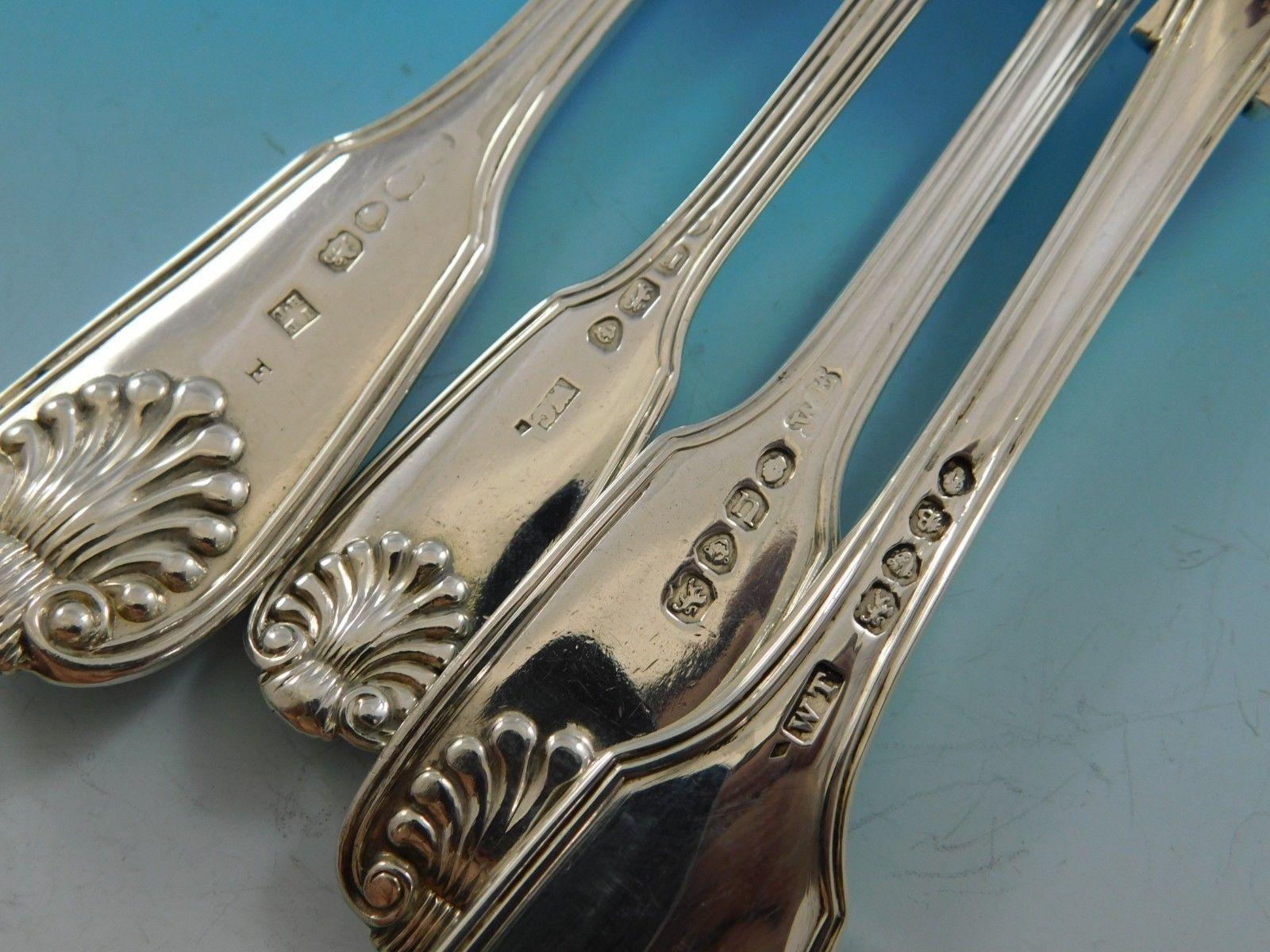 Fiddle Thread & Shell by Various English Makers Sterling Silver Flatware Set Old In Excellent Condition In Big Bend, WI