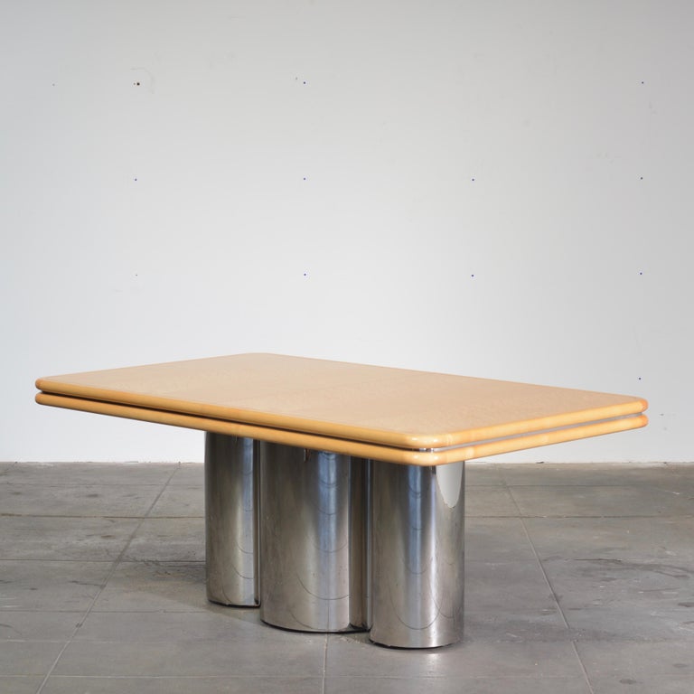 Stainless Steel Fiddleback Maple Dining Table Designed by Stanley Jay Friedman for Brueton