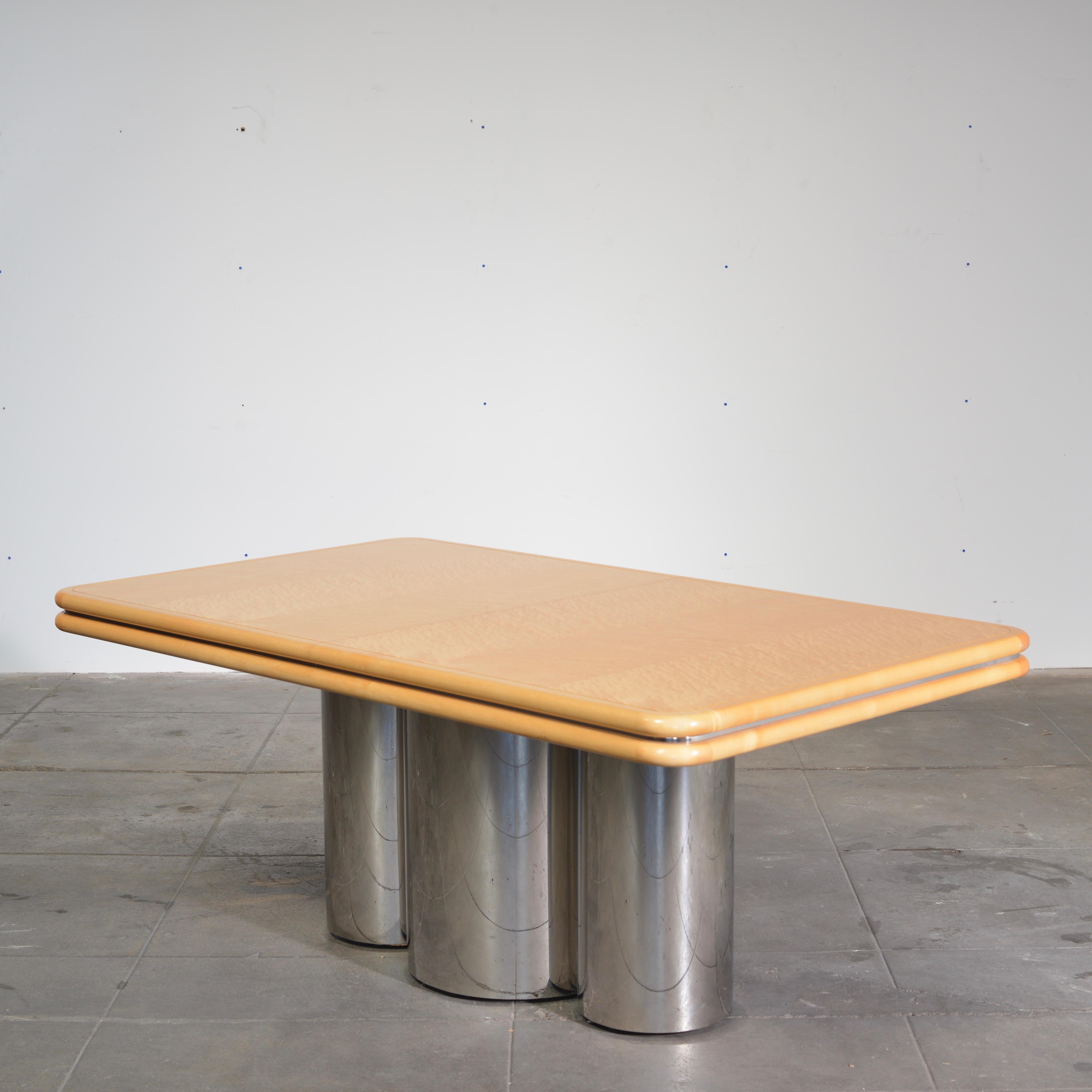 Stainless Steel Fiddleback Maple Dining Table Designed by Stanley Jay Friedman for Brueton