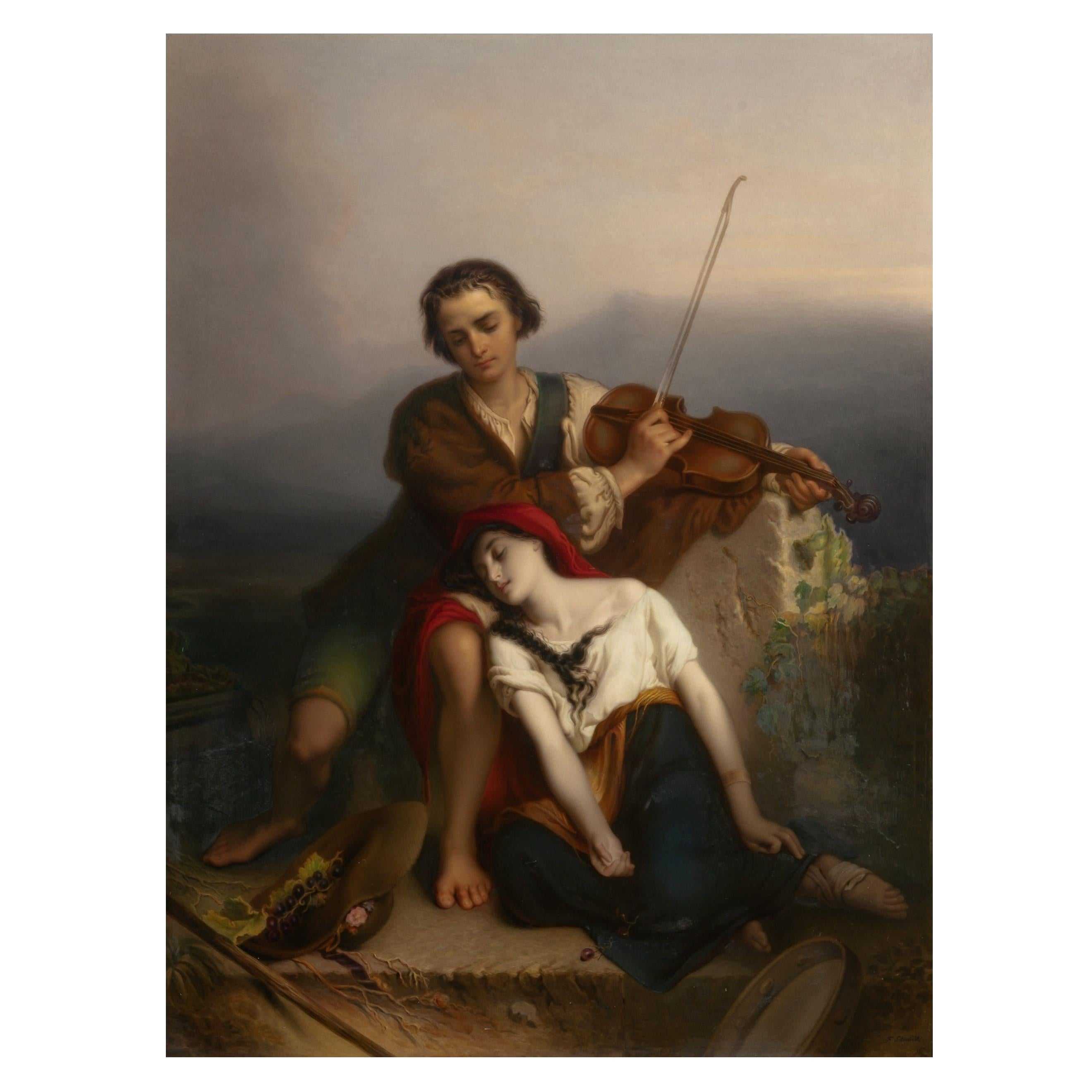 Notre très grande plaque, de 20 x 26,5 pouces (51 x 67 cm), est connue sous le nom de Fiddler and Gypsy Woman, and Consolation, d'après le tableau de Louis Gallait (Belge, 1810-1887) qui figure dans la collection du Musée national de Varsovie. 