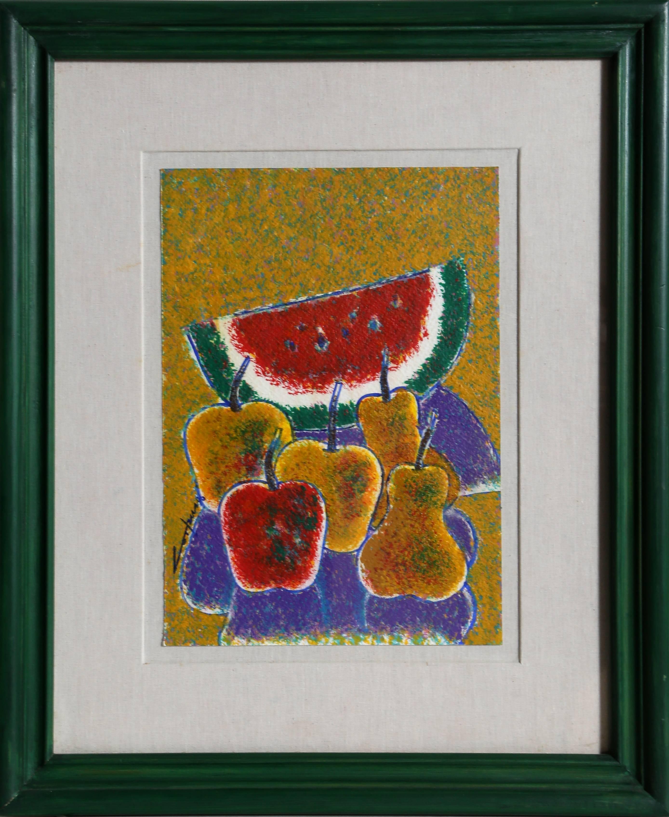 Artista: Fidel Corpus, messicano
Titolo:  Frutas
Anno: 1996
Medium: Acrilico su carta, firmato, intitolato e datato verso
Dimensioni: 13,5 x 9,75 pollici
Dimensioni della cornice: 23 x 19 pollici




