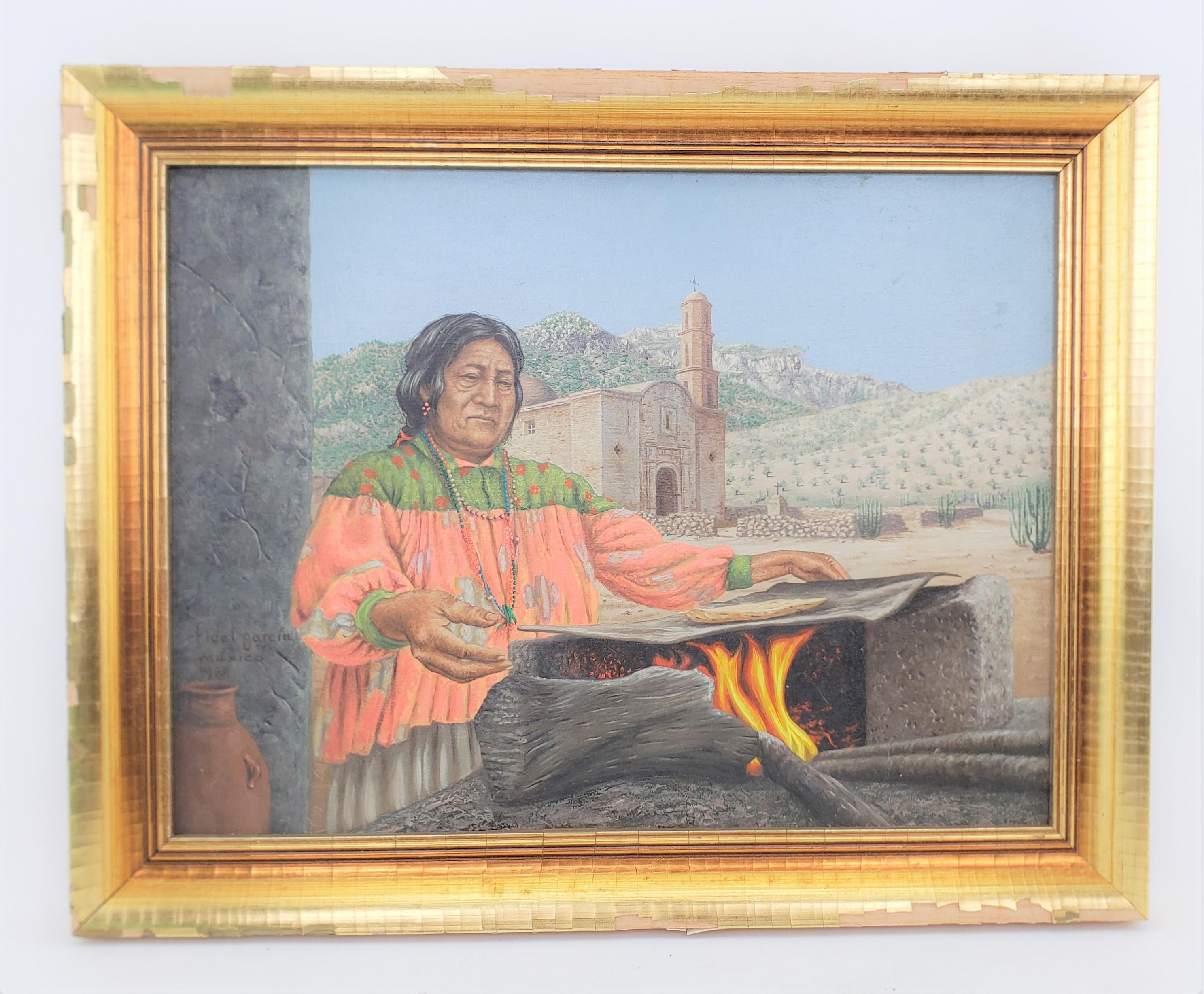 This original painting was done by Fidel Garcia M. of Mexico in 1988 in a realistic style. The painting is done on canvas and depicts an indigenous Mexican cooking outdoors over an open fire. The painting is titled: 