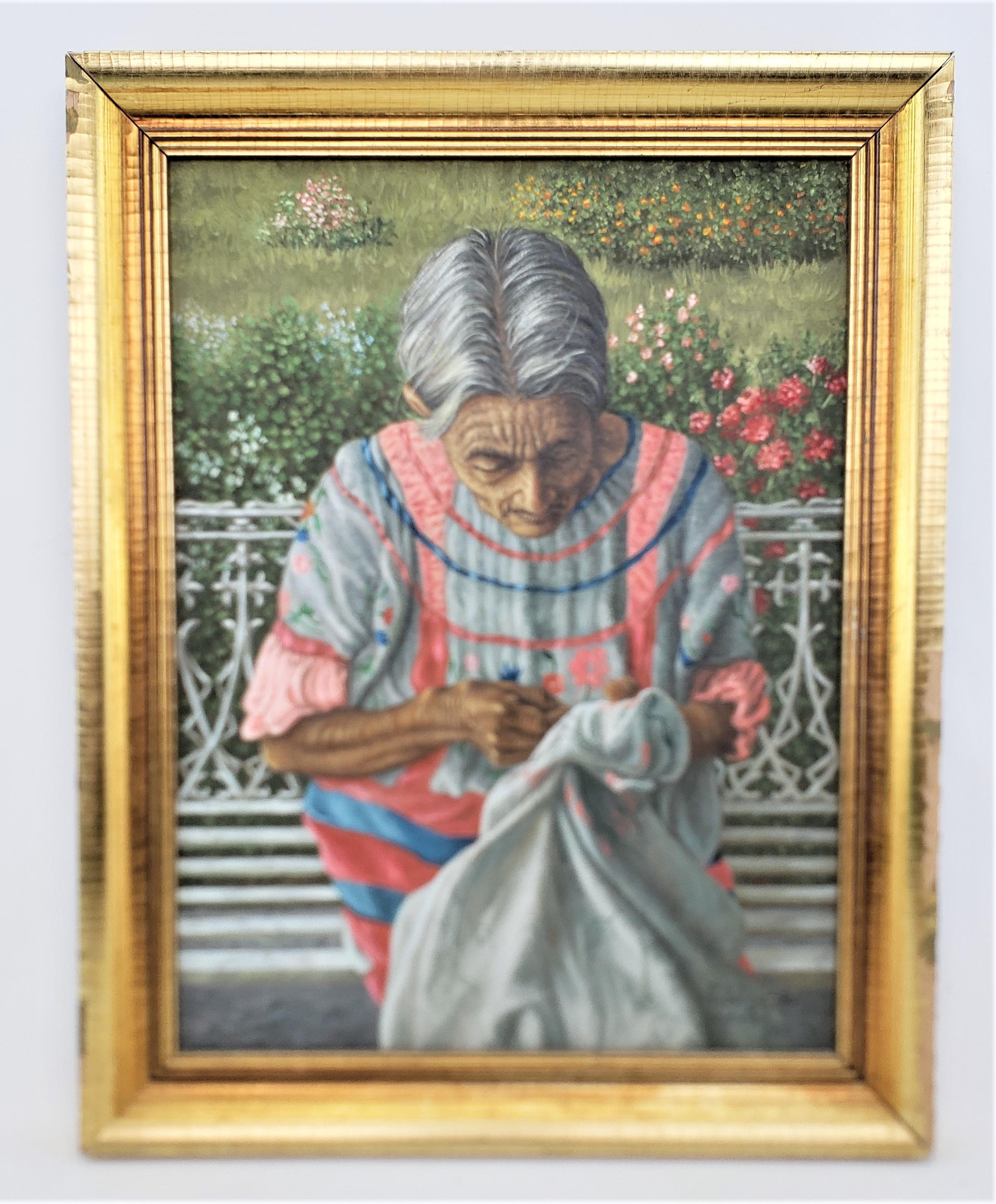 This original painting was done by Fidel Garcia M. of Mexico in 1988 in a realistic style. The painting is done on canvas and depicts an elderly indigenous Mexican woman sewing outdoors on a sunny day while seated on a garden bench. The painting is