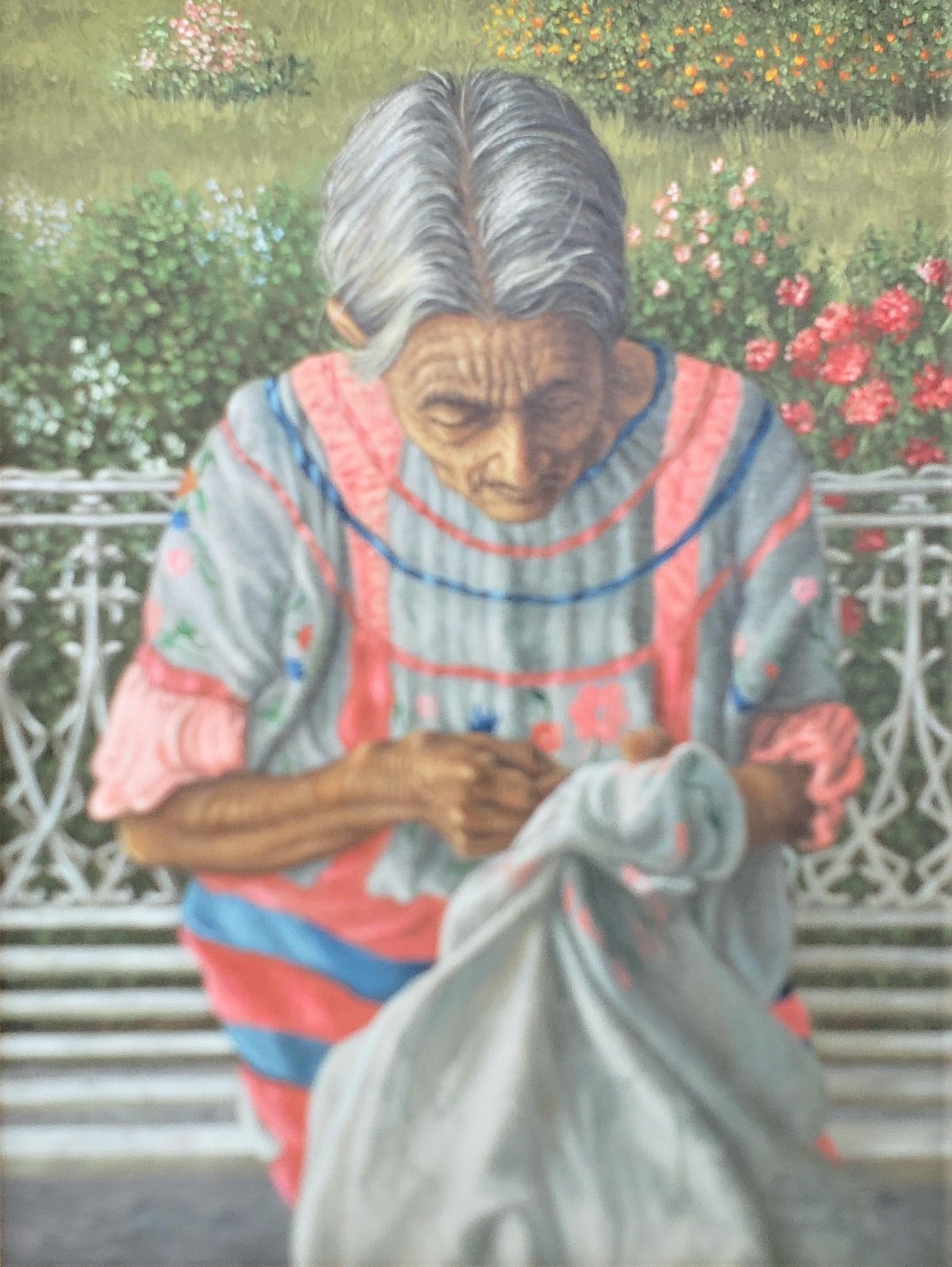 Moderne Peinture sur toile signée Fidel Garcia M. intitulée : Bordadora De Huavtla Oax en vente