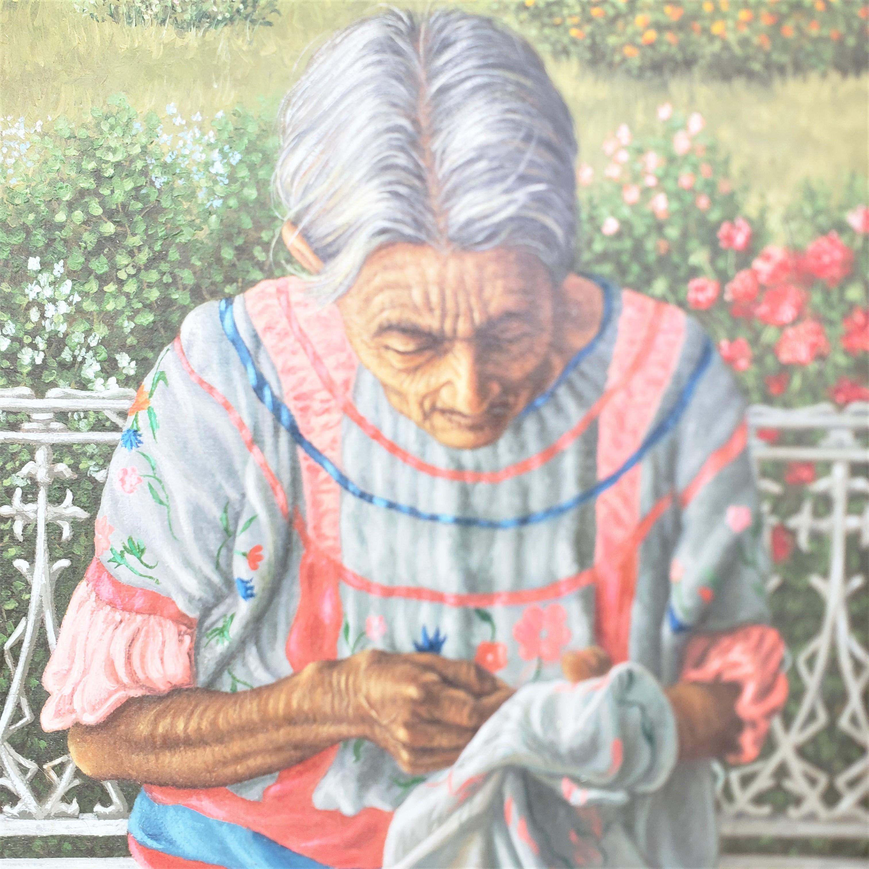 Mexicain Peinture sur toile signée Fidel Garcia M. intitulée : Bordadora De Huavtla Oax en vente