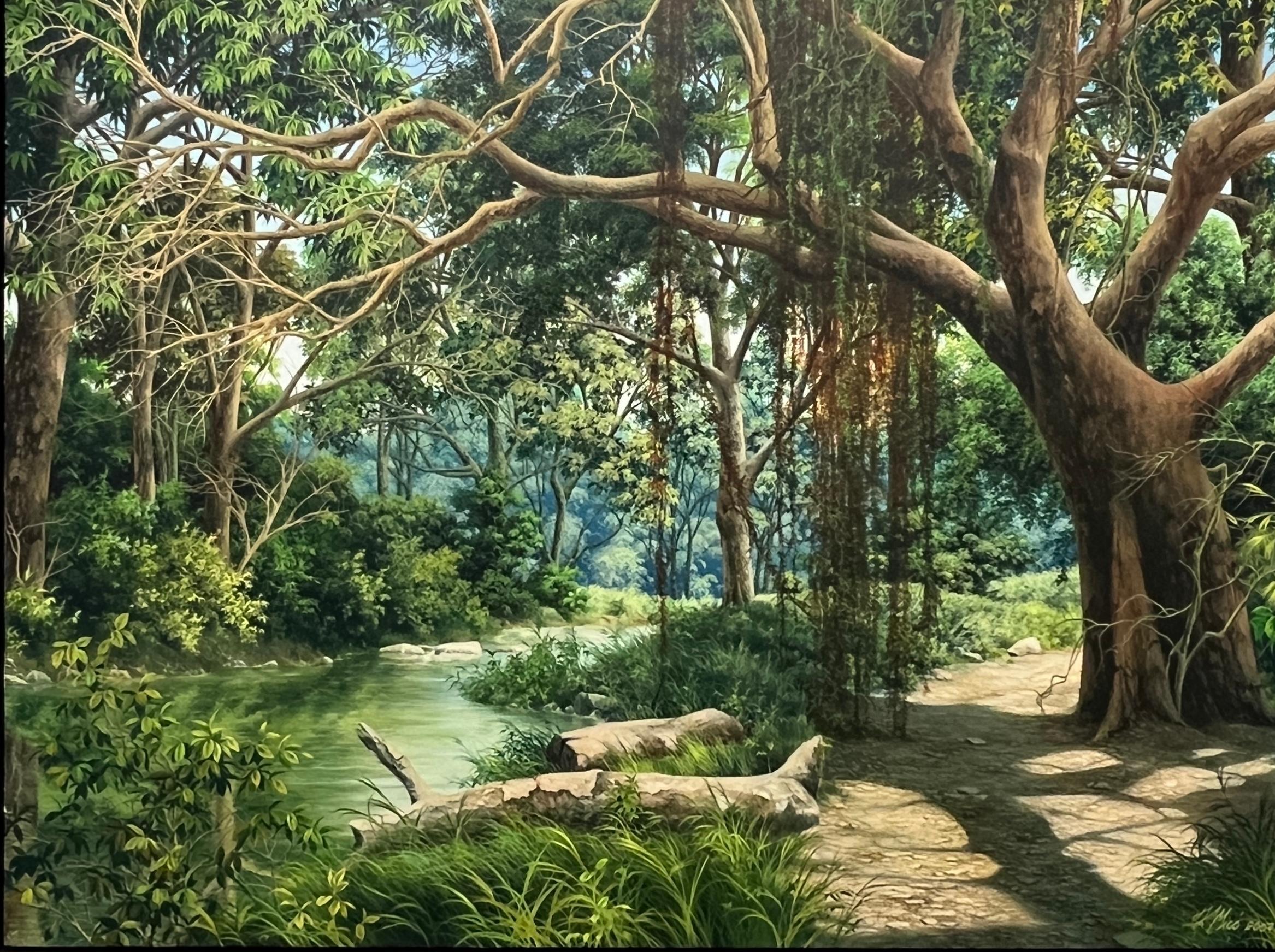 Paisaje tropical al óleo sobre lienzo, firmado por Fidel Mico, mide 30 x 40 pulgadas (37 x 44 pulgadas con marco)