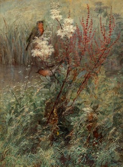 Songbirds in a Woodland Marsh: 19th Century Pre-Raphaelite Oil
