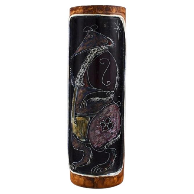 Fidia, Italy, Vase in Leather-Covered Ceramics with Hand-Painted Rat, 1960s For Sale