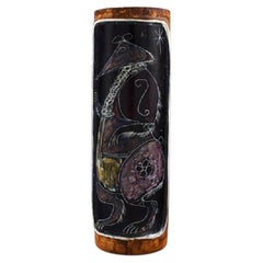 Vintage Fidia, Italy, Vase in Leather-Covered Ceramics with Hand-Painted Rat, 1960s