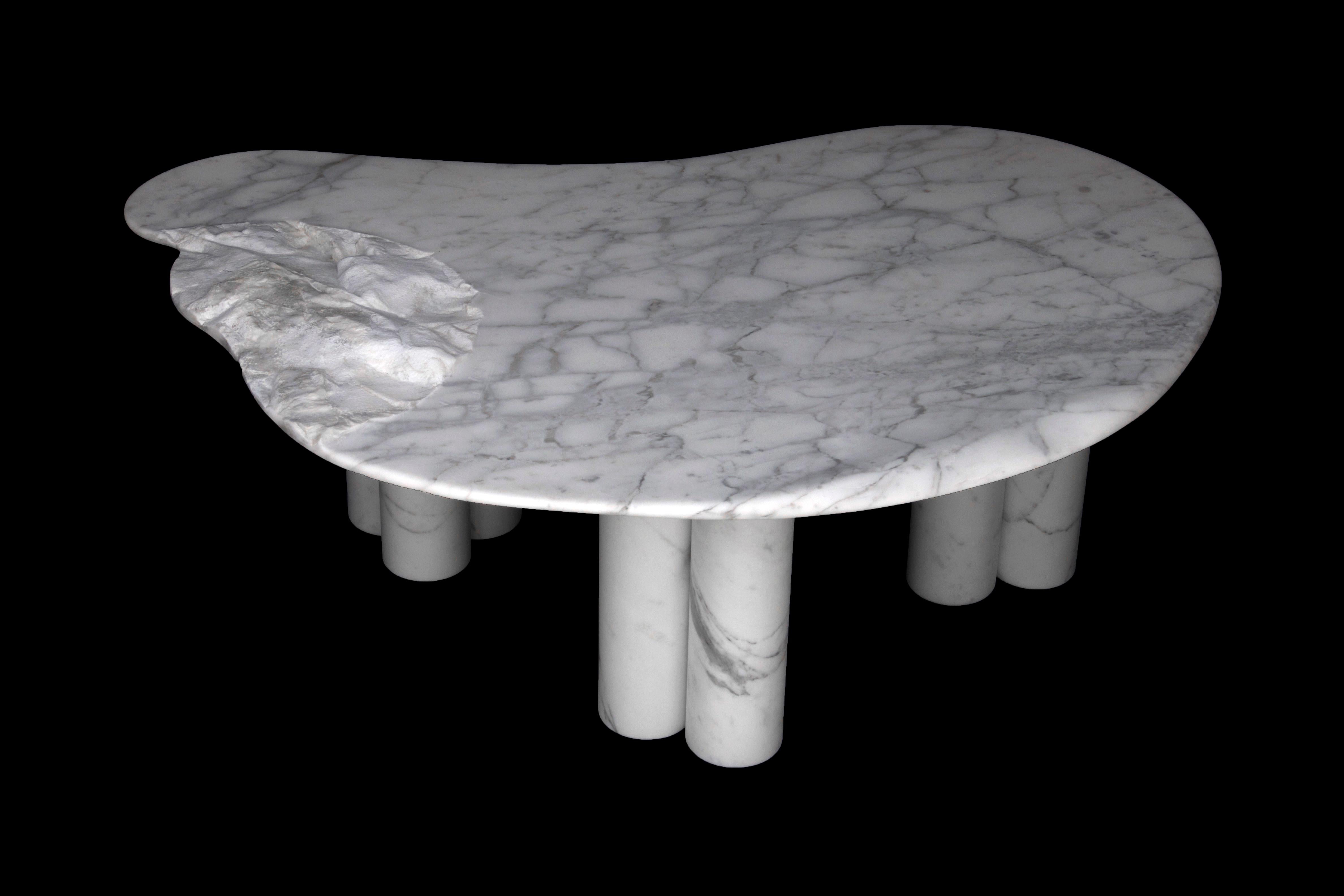 Fidji coffee table by Jean-Fréderic Bourdier
Dimensions: D 110 x W 74 x H 43 cm
Materials: Arabescato & Statuario marble.

Mostly guided by his sculptor skills JFB and his life time strong attraction for nature, has started out this collection