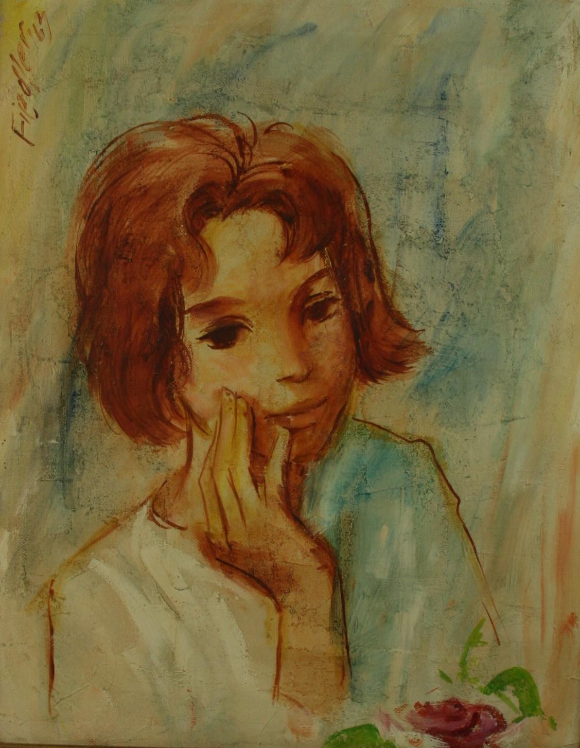 Fiedler Portrait Painting - Vintage American Impressionist Portrait oil Painting " Pensive Young Girl" 1960