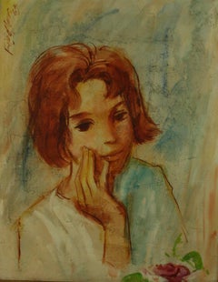 Peinture à l'huile impressionniste américaine d'un portrait de jeune fille pensive, 1960