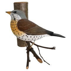 Fieldfare Viechtauer Hand Carved Wood Bird, Black Forest Folk Art, Austria