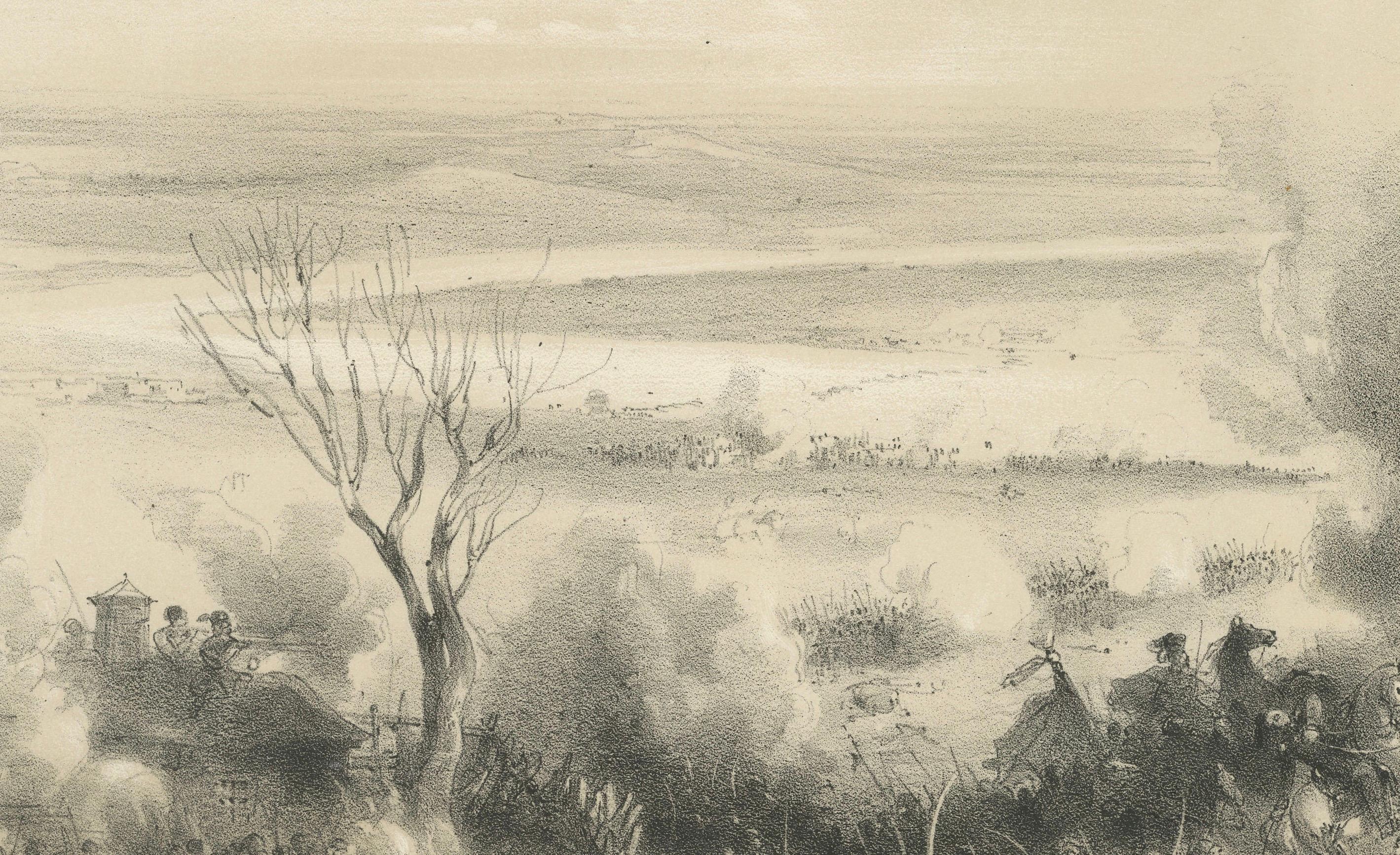 Combat de Kalafat au Village de Tzitzati - Lithographie de la scène de bataille de la guerre de Crimée, vers 1854

Cette puissante lithographie du XIXe siècle intitulée Combat de Kalafat au Village de Tzitzati (Citate) capture un moment dramatique