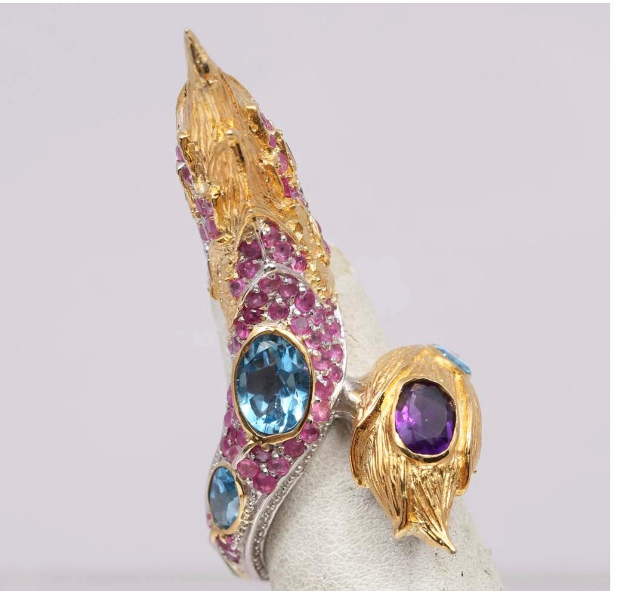 Fierce Dragon Sterling Gold Gemstone Dragon Ring-Ruby, Amethyst, Emerald, etc. In Good Condition For Sale In West Palm Beach, FL