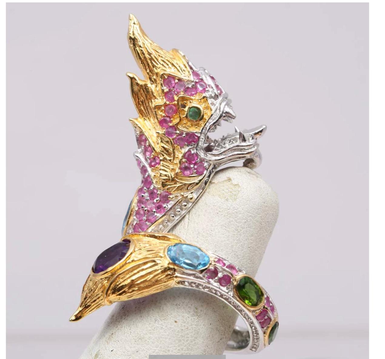 Women's or Men's Fierce Dragon Sterling Gold Gemstone Dragon Ring-Ruby, Amethyst, Emerald, etc. For Sale