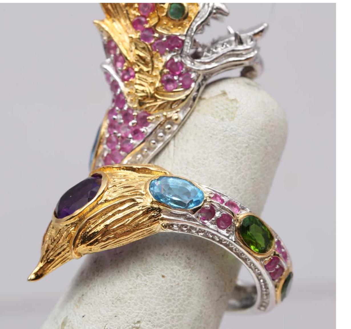 Fierce Dragon Sterling Gold Gemstone Dragon Ring-Ruby, Amethyst, Emerald, etc. For Sale 1