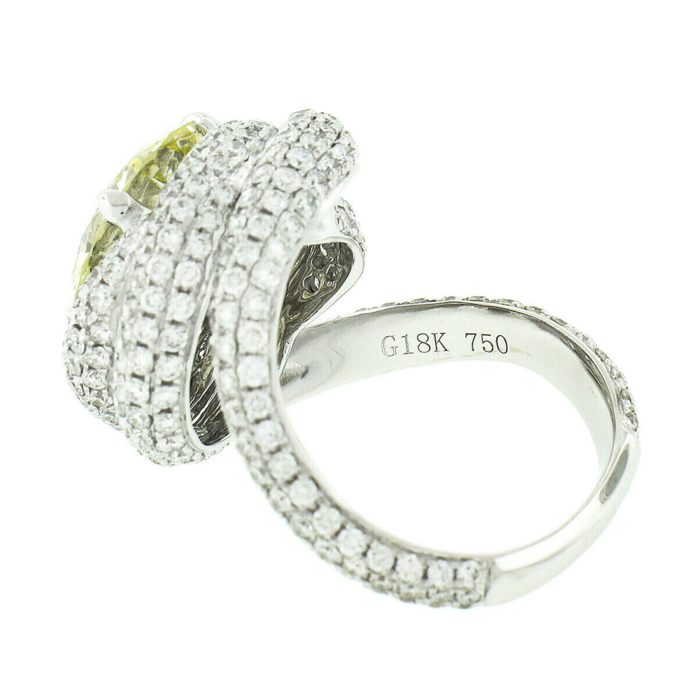 Fiery 18k White Gold GIA 3.66ct Round Yellow Diamond Pave Swirl Engagement Ring 5