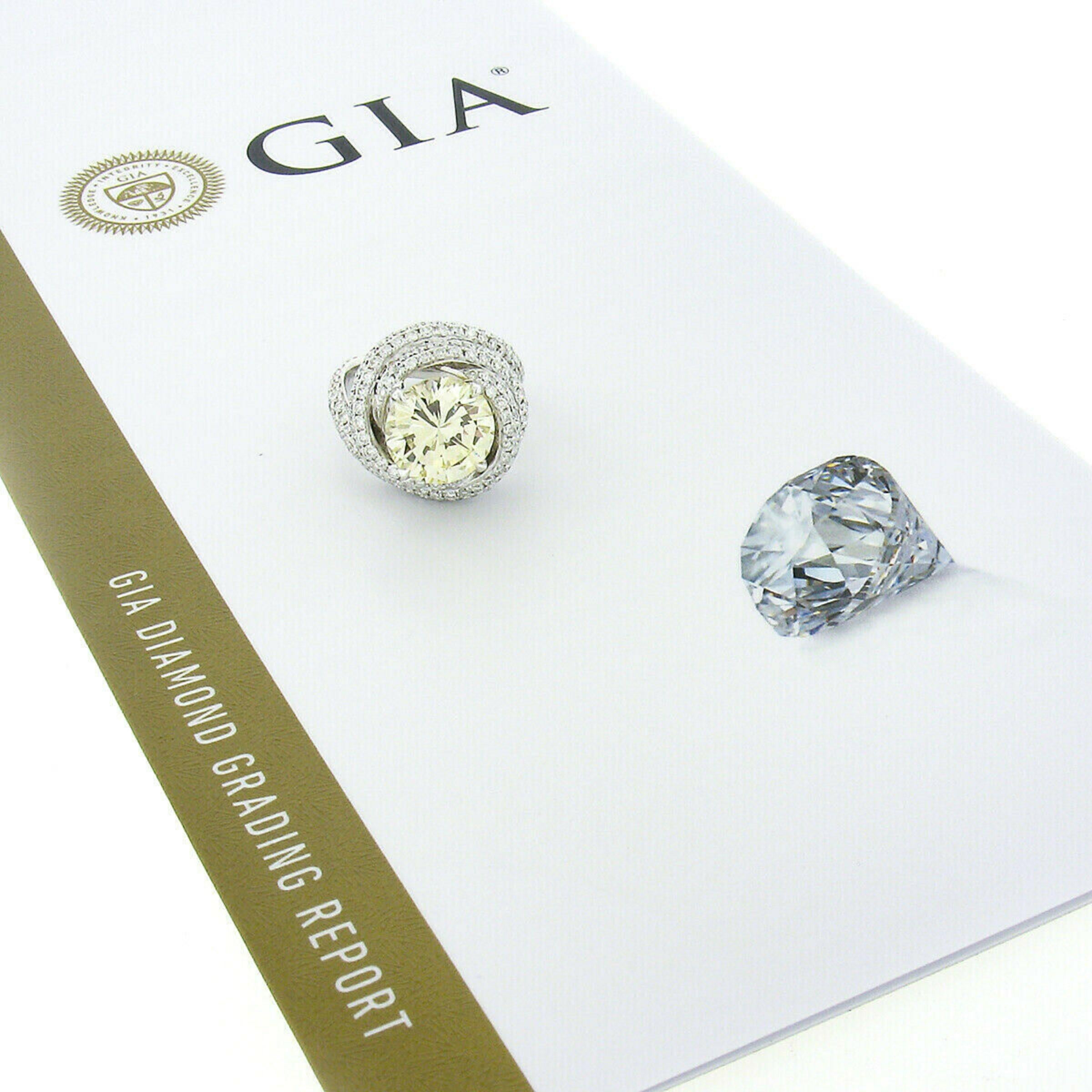Fiery 18k White Gold GIA 3.66ct Round Yellow Diamond Pave Swirl Engagement Ring 6