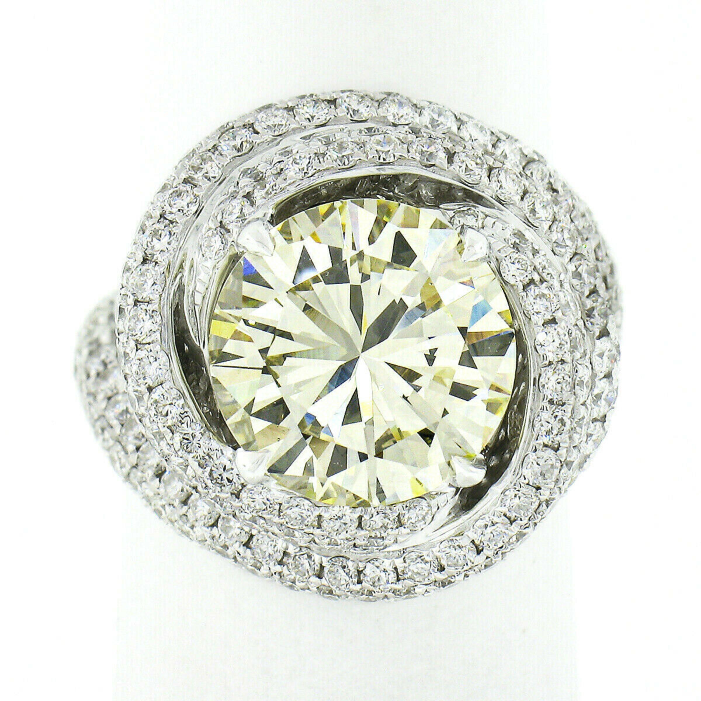 Fiery 18k White Gold GIA 3.66ct Round Yellow Diamond Pave Swirl Engagement Ring In Excellent Condition In Montclair, NJ