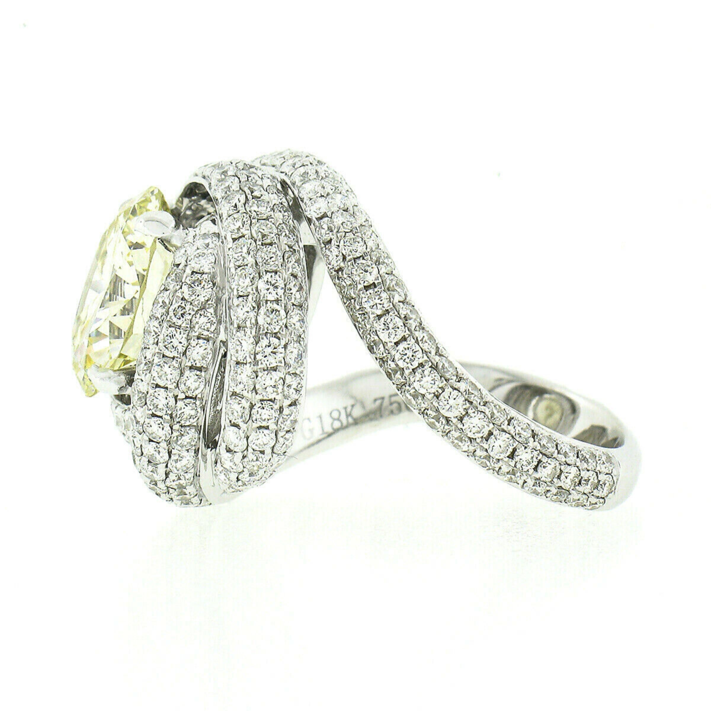 Fiery 18k White Gold GIA 3.66ct Round Yellow Diamond Pave Swirl Engagement Ring 2