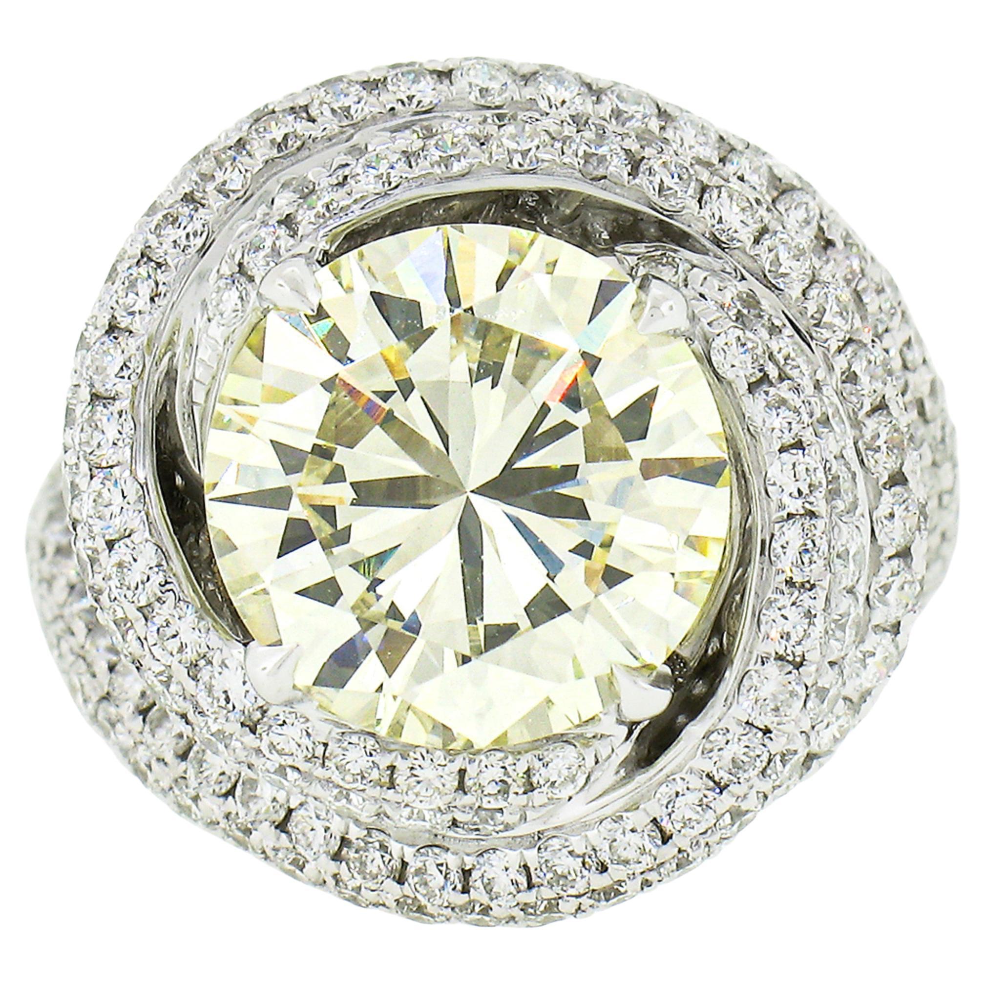 Fiery 18k White Gold GIA 3.66ct Round Yellow Diamond Pave Swirl Engagement Ring