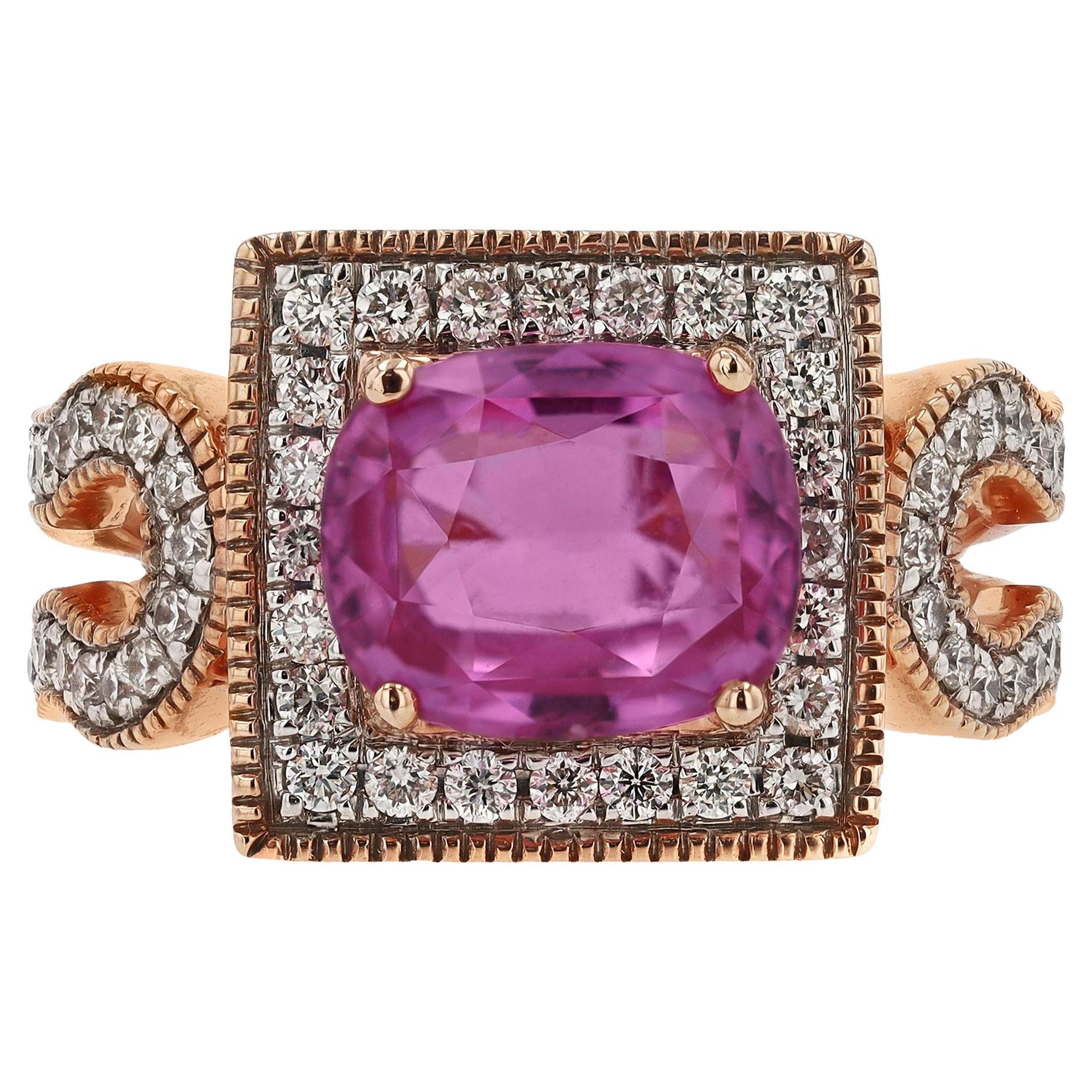 Fiery 3.21 Carat Pink Sapphire and Diamond Rose Gold Cocktail Engagement Ring For Sale