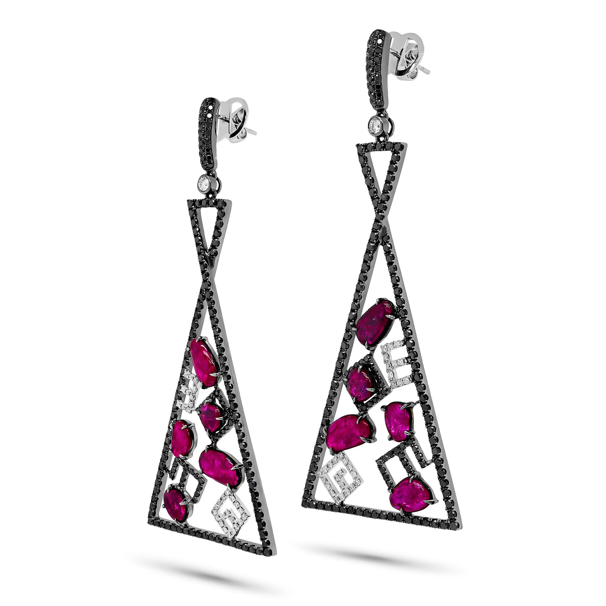 Oval Cut Fiery Allure: 7.91 Carat Vivid Red Ruby, 4.39 Carat Diamonds, 18K Gold Earrings. For Sale