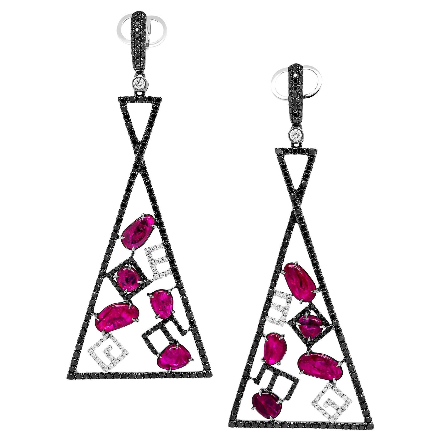 Fiery Allure: 7.91 Carat Vivid Red Ruby, 4.39 Carat Diamonds, 18K Gold Earrings. For Sale