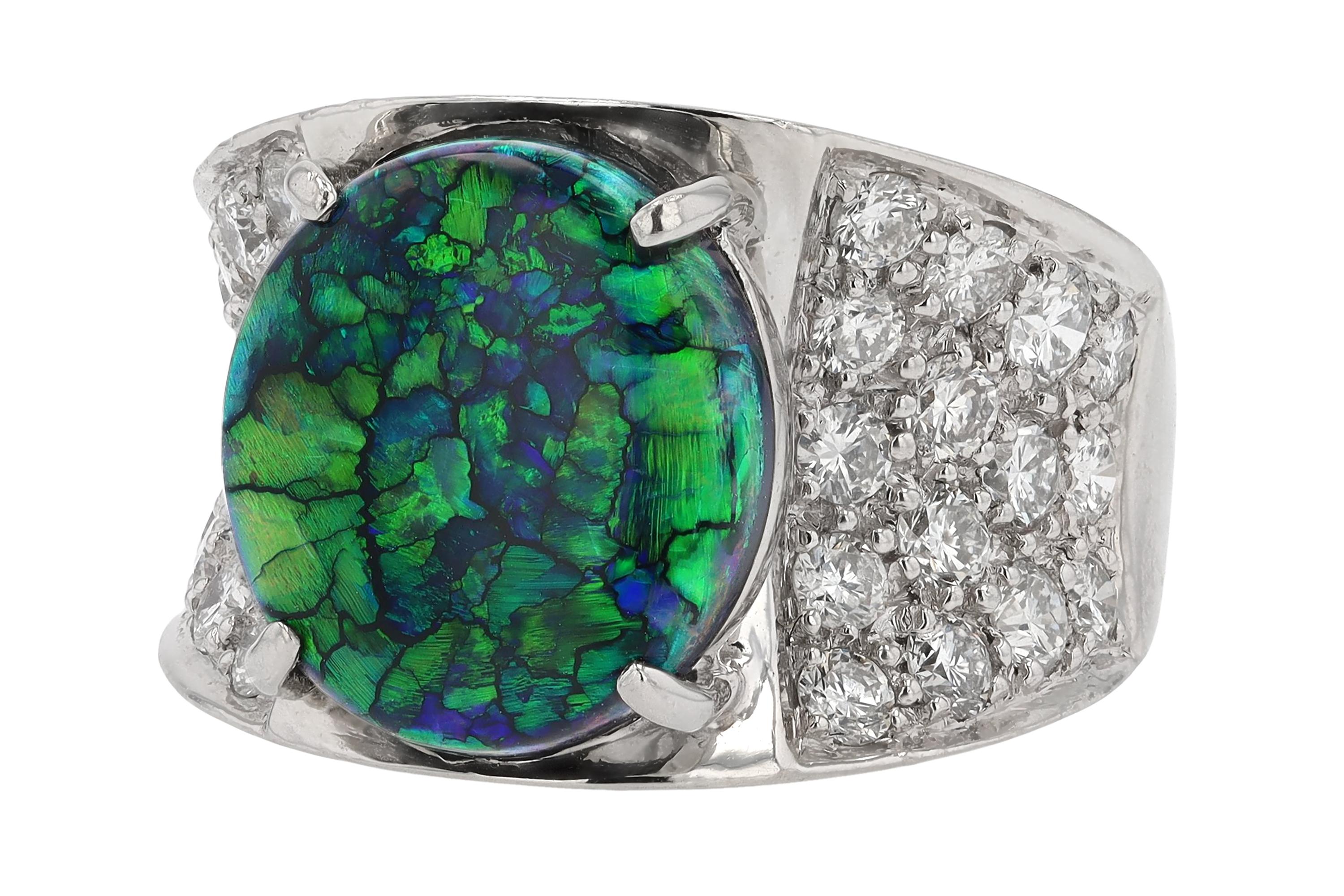 Cabochon Fiery Australian Black Opal and Diamond Cocktail Ring For Sale