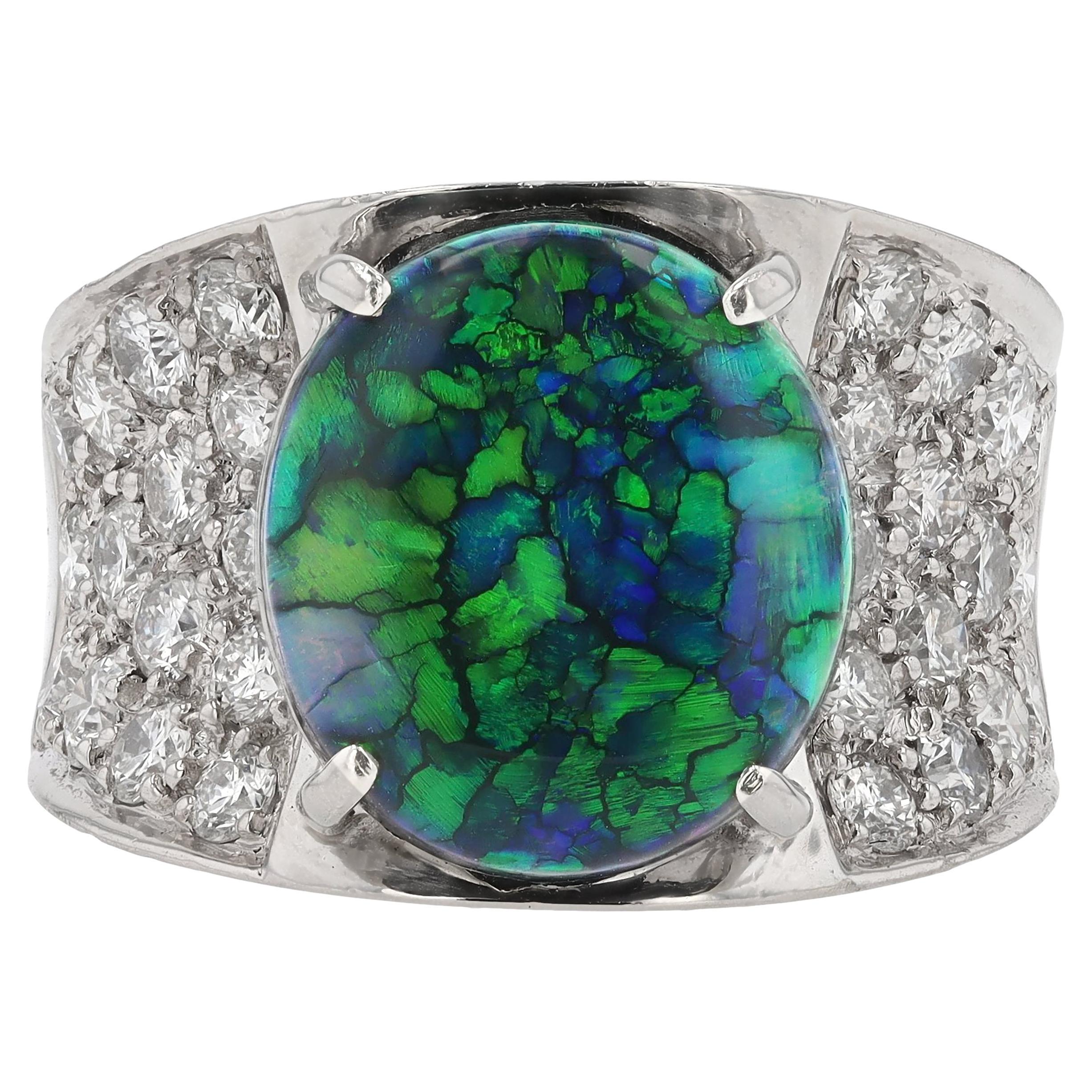 Fiery Australian Black Opal and Diamond Cocktail Ring For Sale
