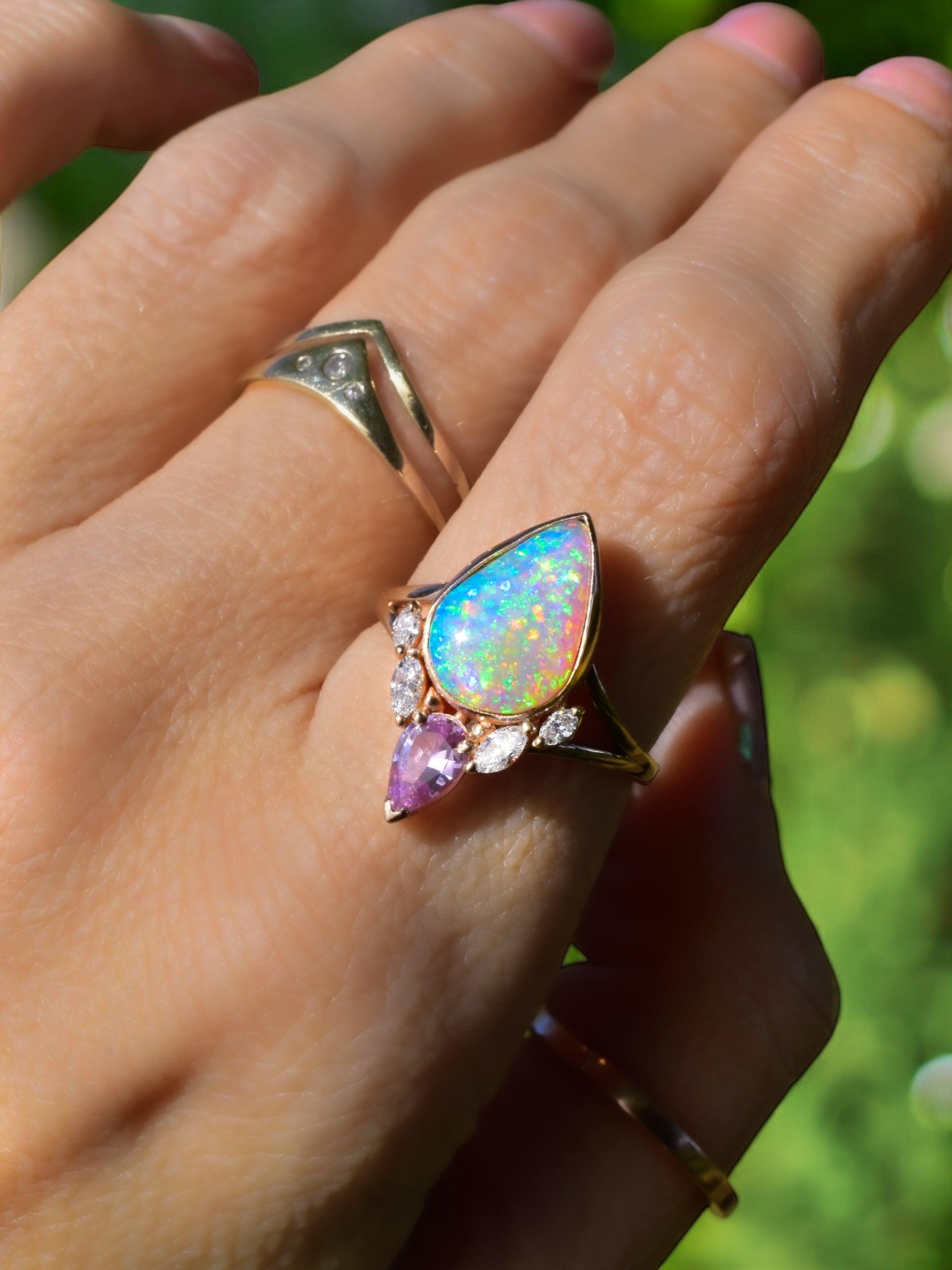 Artisan Fiery Australian Opal Lotus Ring with Fuchsia Sapphire, Diamonds & 14k Rose Gold For Sale