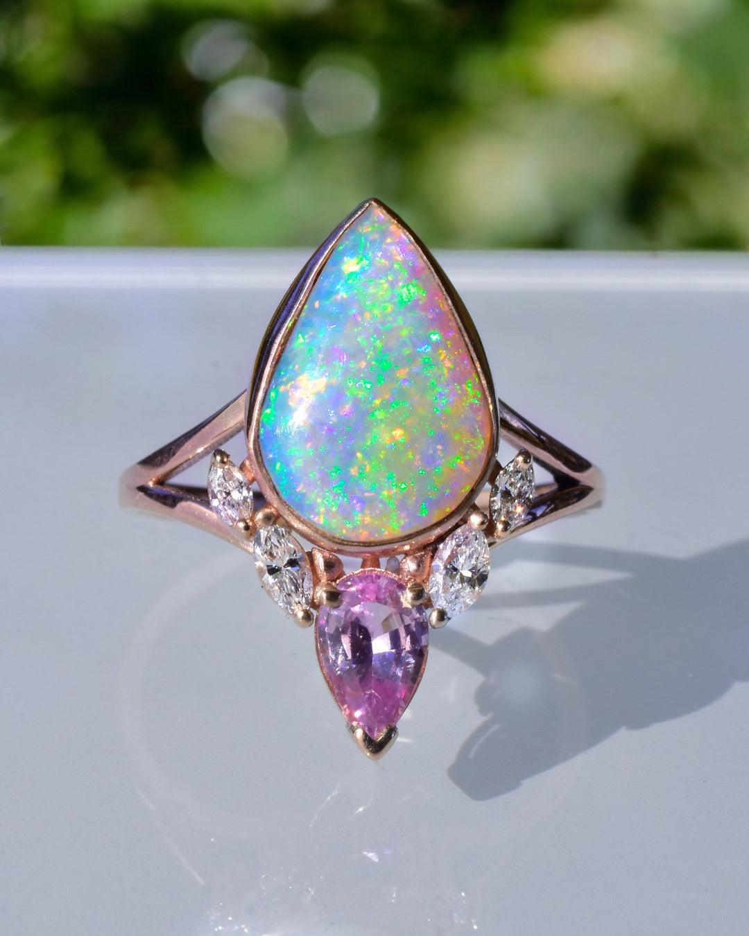 Cabochon Fiery Australian Opal Lotus Ring with Fuchsia Sapphire, Diamonds & 14k Rose Gold For Sale