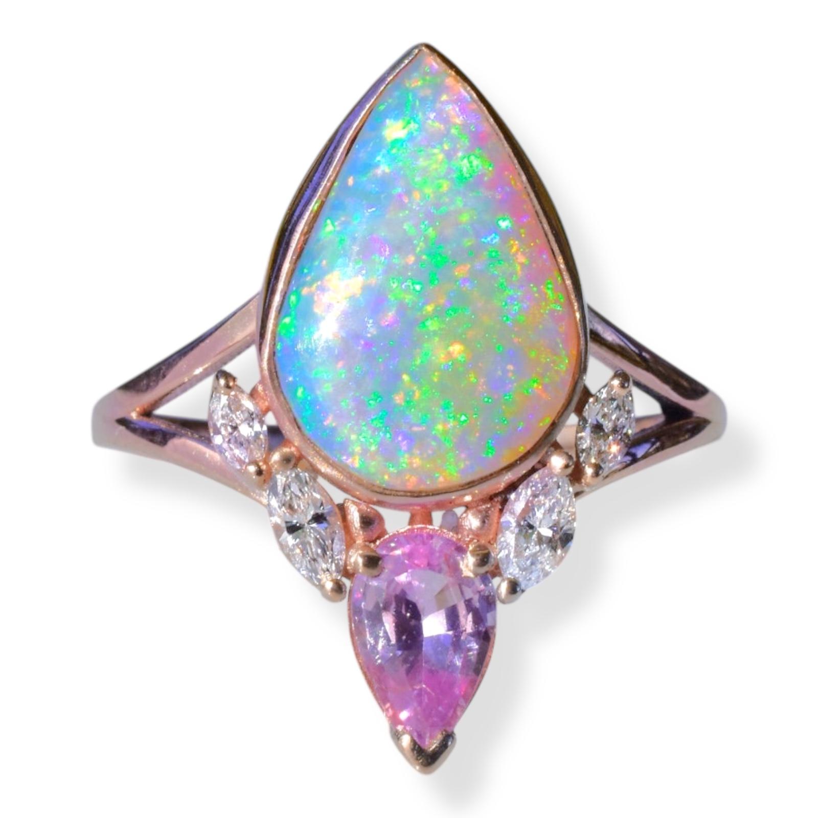 Fiery Australian Opal Lotus Ring with Fuchsia Sapphire, Diamonds & 14k Rose Gold In New Condition For Sale In Kula, HI