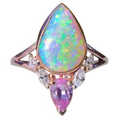 Fiery Australian Opal Lotus Ring with Fuchsia Sapphire, Diamonds & 14k Rose Gold