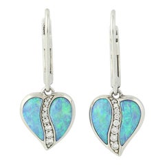 Fiery Blue Opal and Diamond Kabana Earrings, 14k Gold Round Brilliant .15 Carat