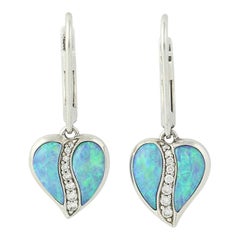 Fiery Blue Opal and Diamond Kabana Earrings, 14k Gold Round Brilliant .15 Carat