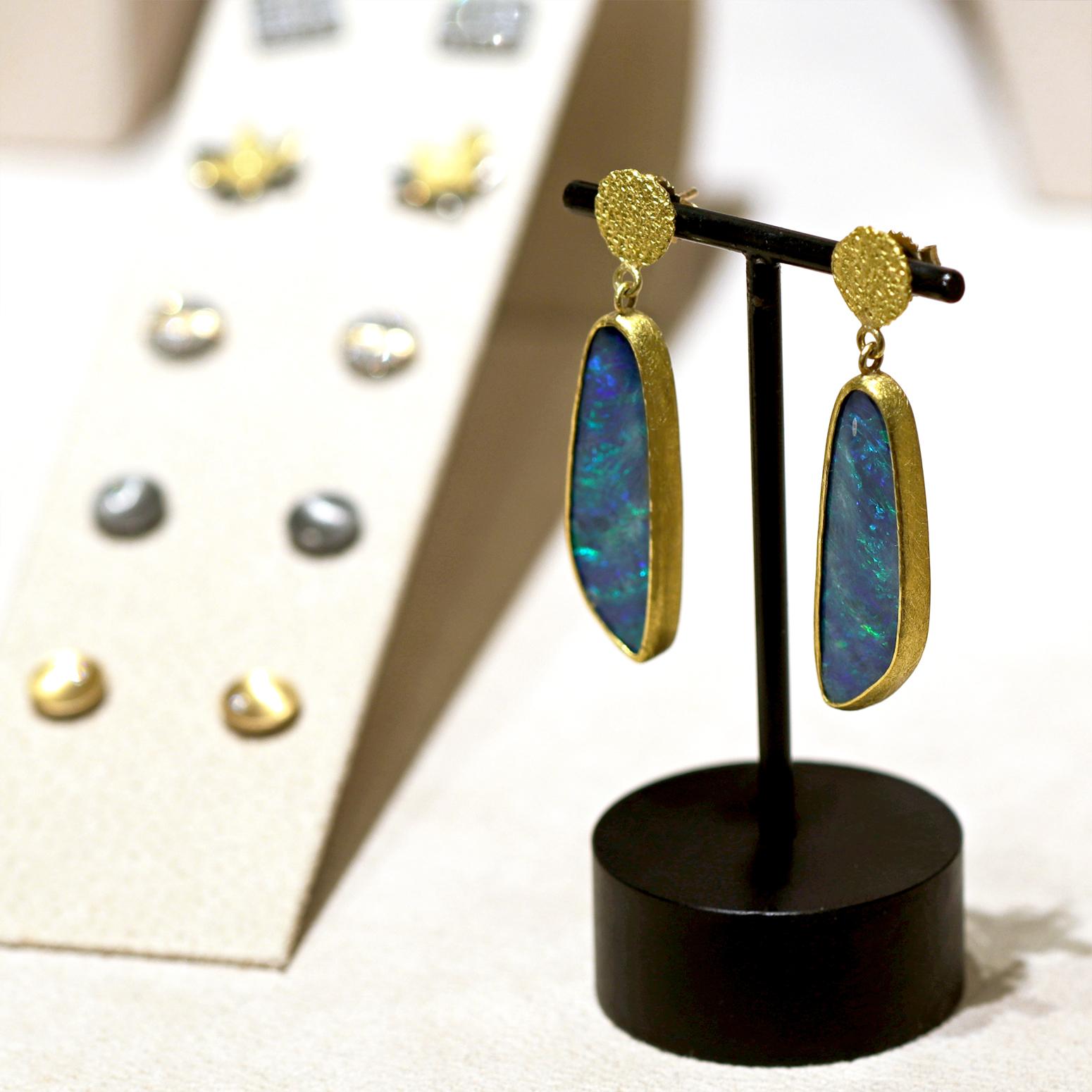 Artist Fiery Electric Green Deep Blue Opal 22k Gold Drop Earrings, Petra Class 2023