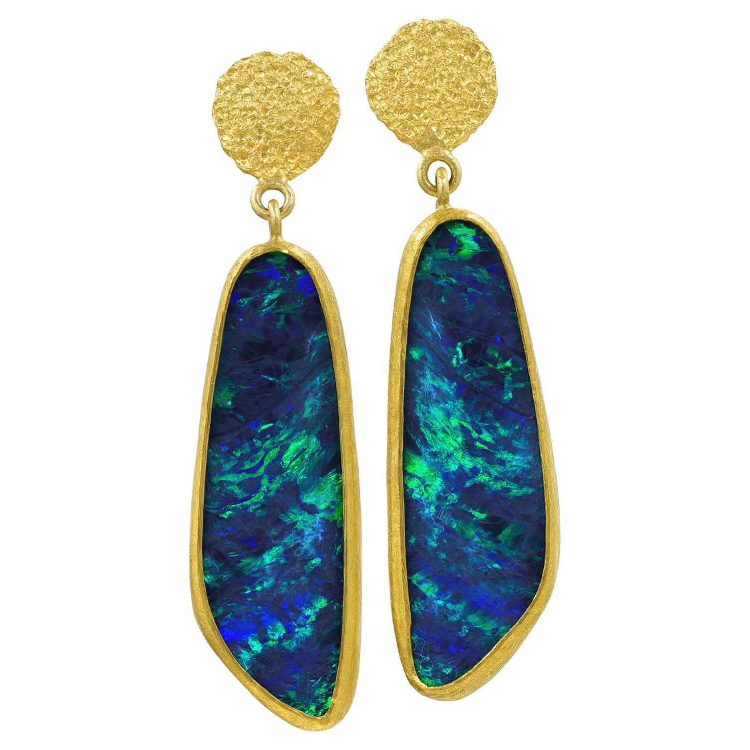Fiery Electric Green Deep Blue Opal 22k Gold Drop Earrings, Petra Class 2023