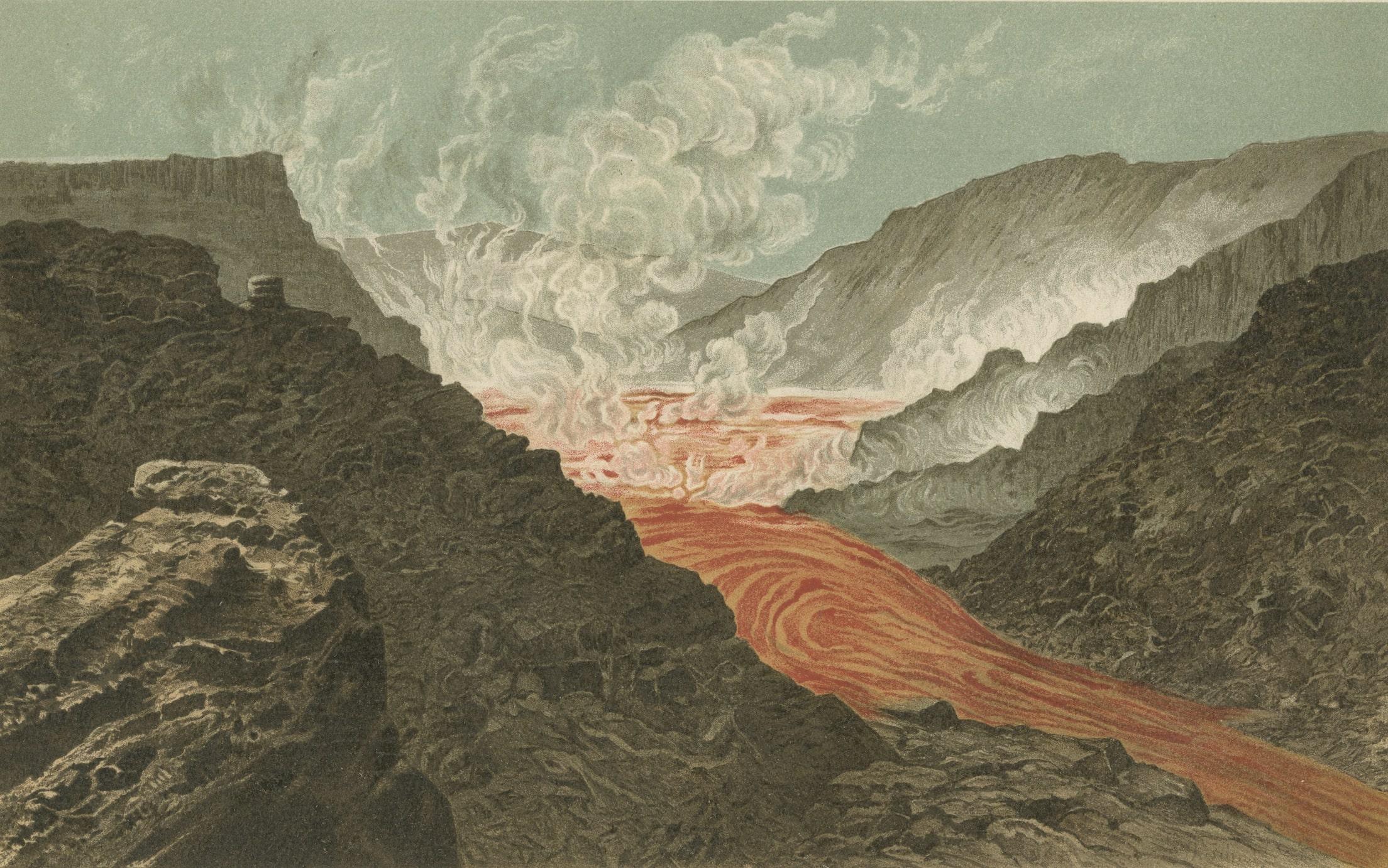 The image is an illustration of the Kilauea volcano in Hawaii, as indicated by the German caption 