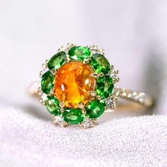 Fiery Mexican Fire Opal Surrounded by Diamonds & Tsavorites in 18K Yellow Gold