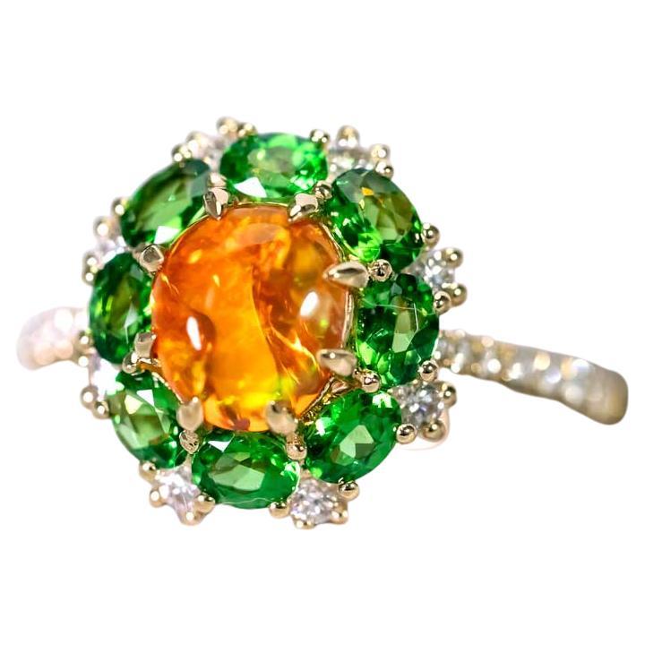 Fiery Mexican Fire Opal Surrounded by Diamonds & Tsavorites in 18K Yellow Gold